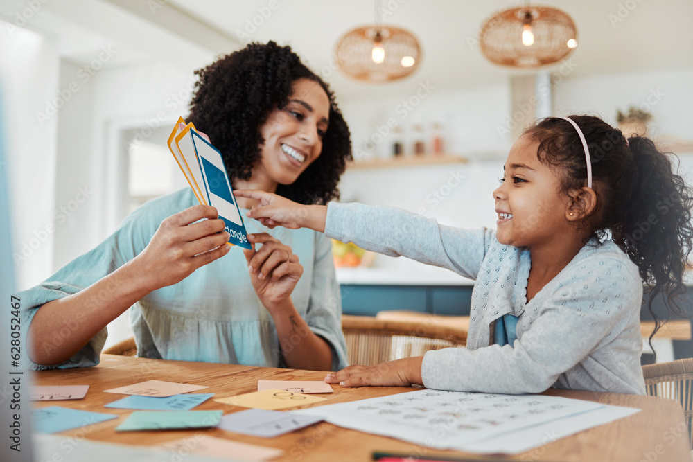 Homework, education and mother with girl with cards for learning, child development and studying. Fa