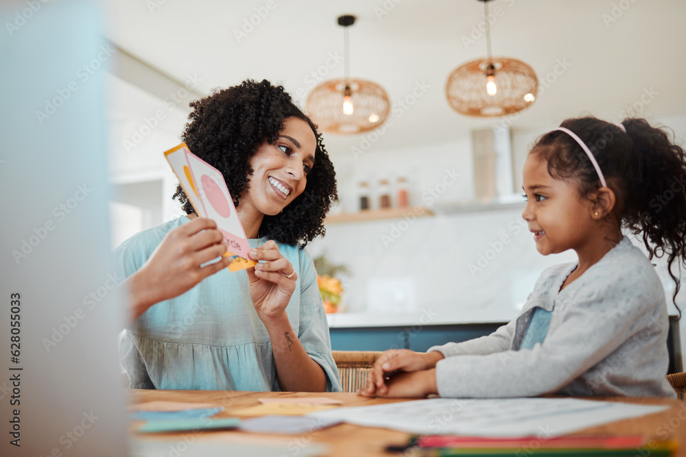 Homework, learning and mother with girl with card for education, child development and studying. Fam