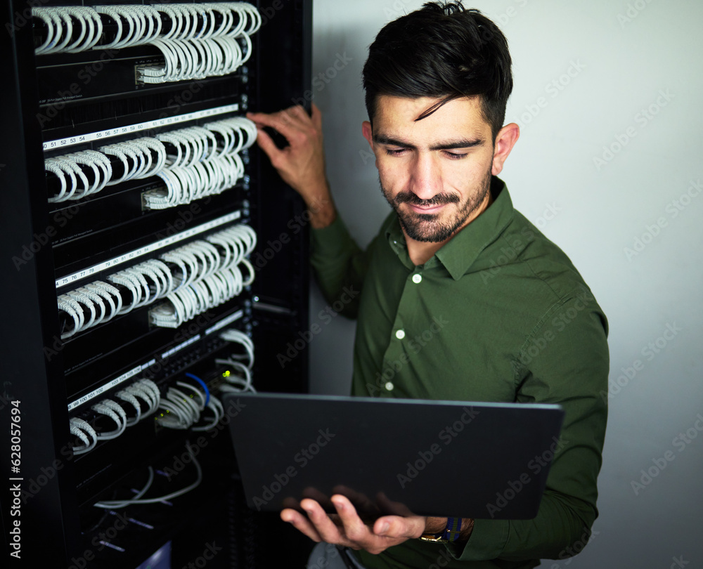 Laptop, data center and male technician in a server room for technical repairs by a control box. Tec