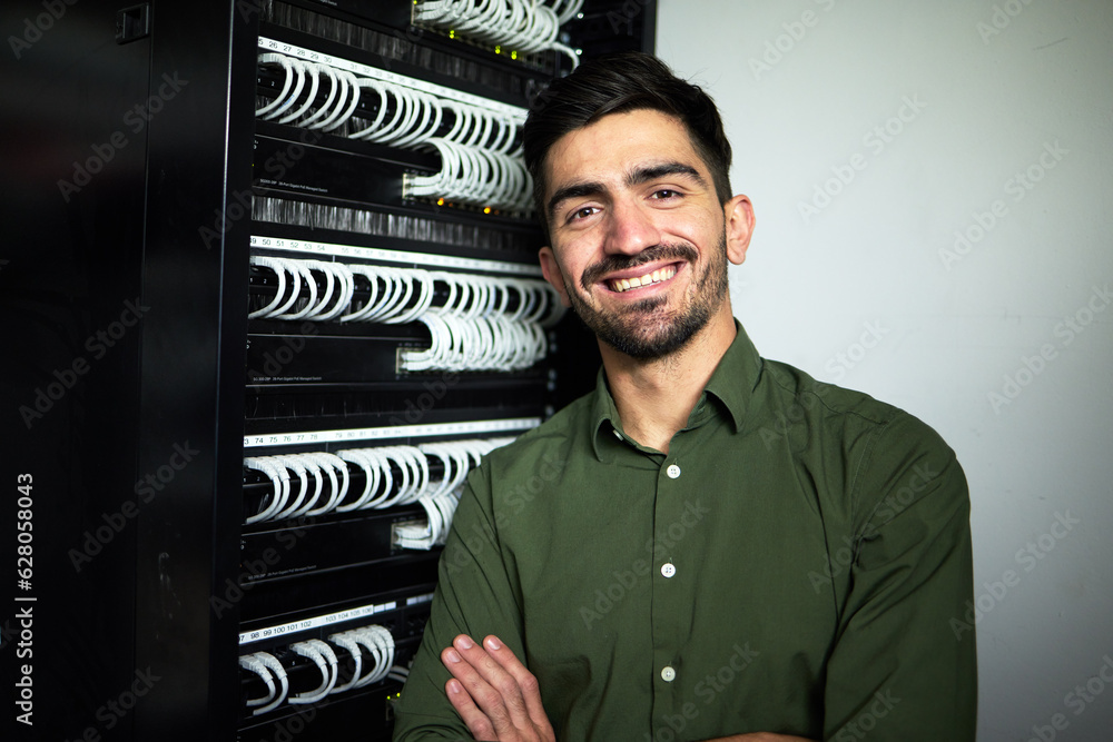 Engineer man, cables and portrait in a server room for network, maintenance and software upgrade. Yo