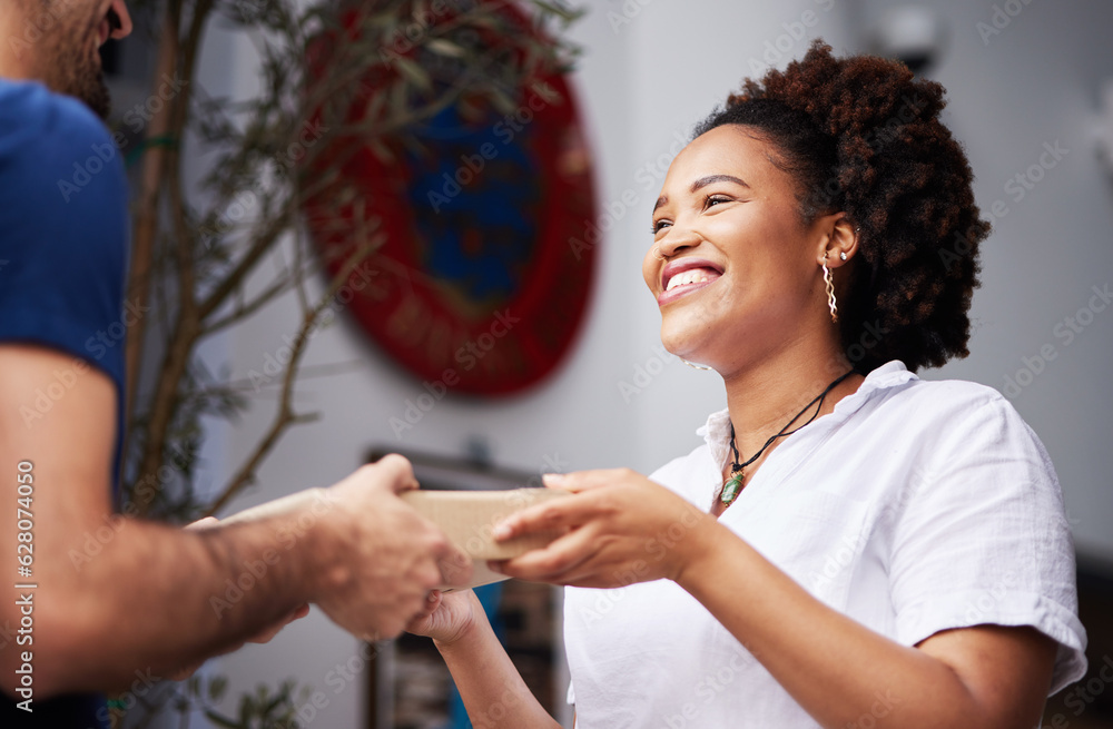 Delivery man, package and a happy woman at a door with a smile and gratitude for e commerce and ship