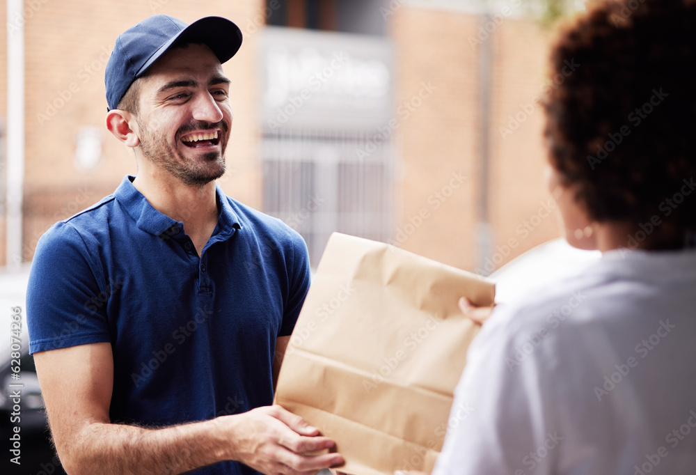 Happy delivery man, package and a customer at door with a paper bag for e commerce and shipping. Log