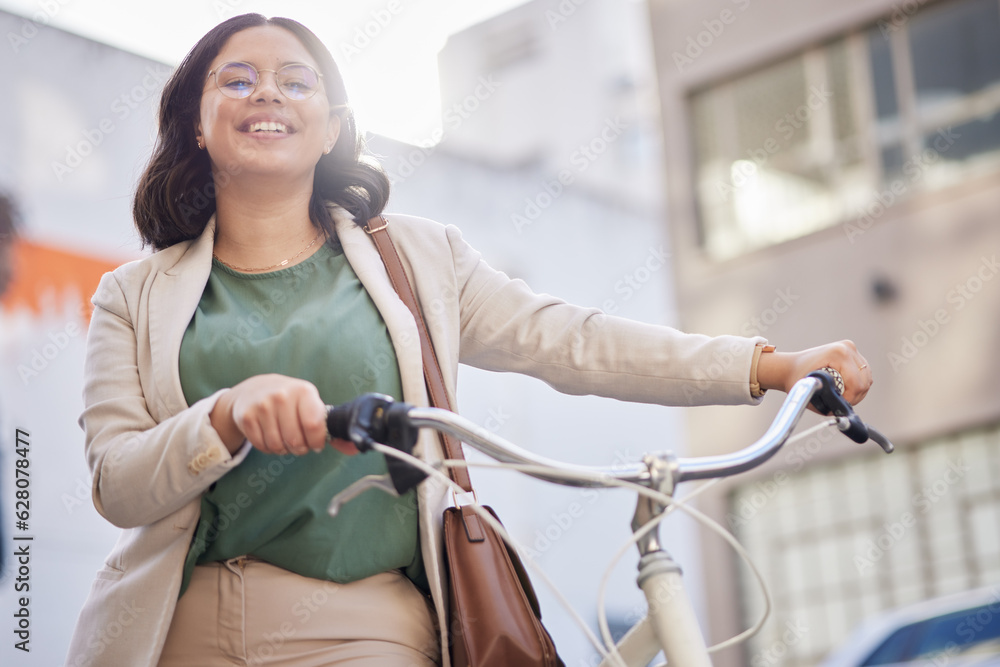 Portrait, smile and business woman with bicycle in outdoor for travel to work with marketer in city.