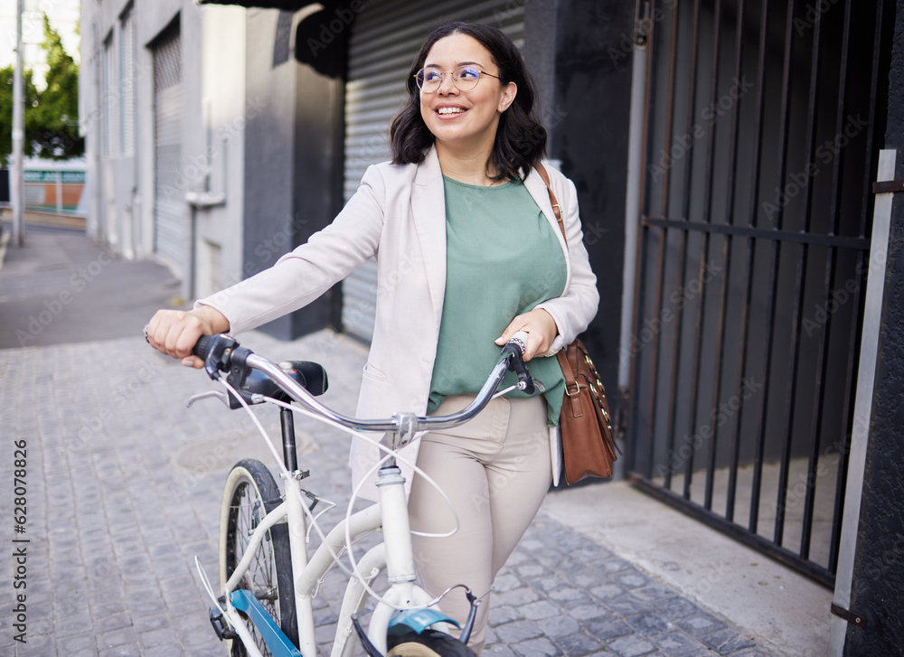 Business, woman and walking with bicycle in outdoor with smile for travel to work with marketer. Hap