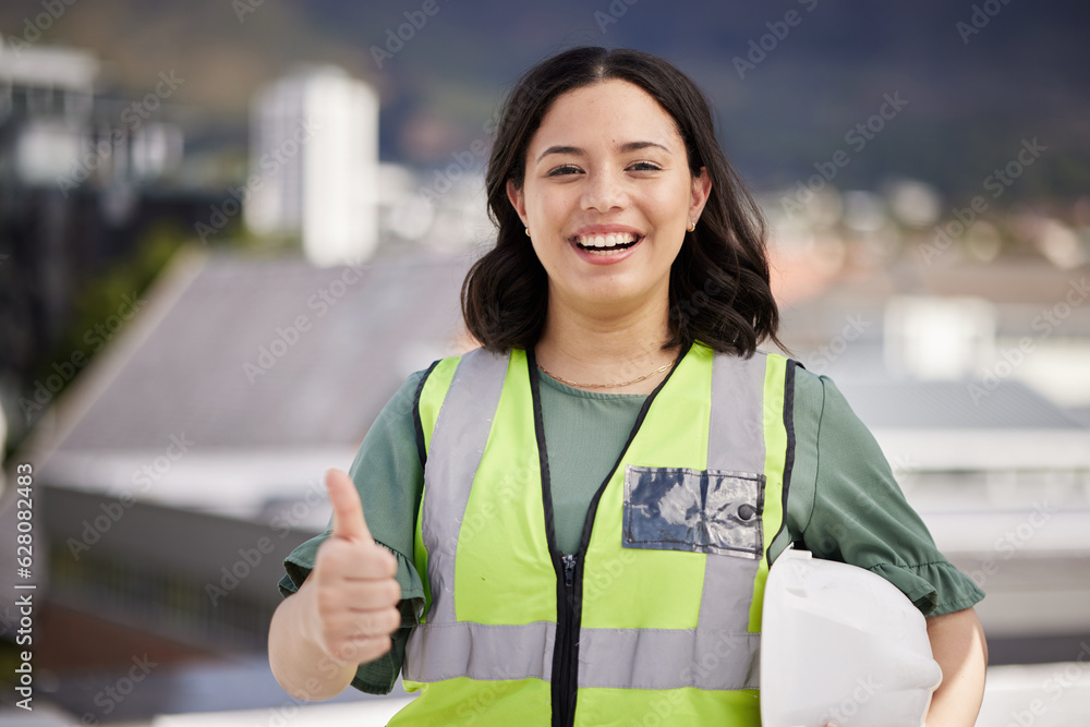 Woman, engineering portrait and thumbs up for city development, construction goals and like, yes or 