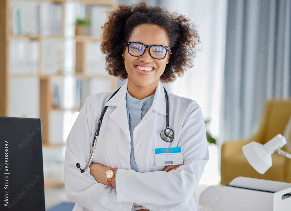 Black woman, portrait and medical doctor with arms crossed for consultation, hospital support and he