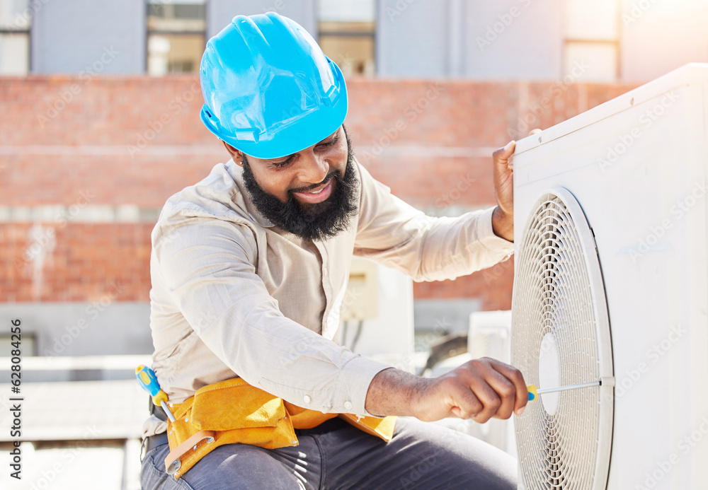 Man, technician or repair for air conditioner on rooftop in city for box or industrial labor outdoor