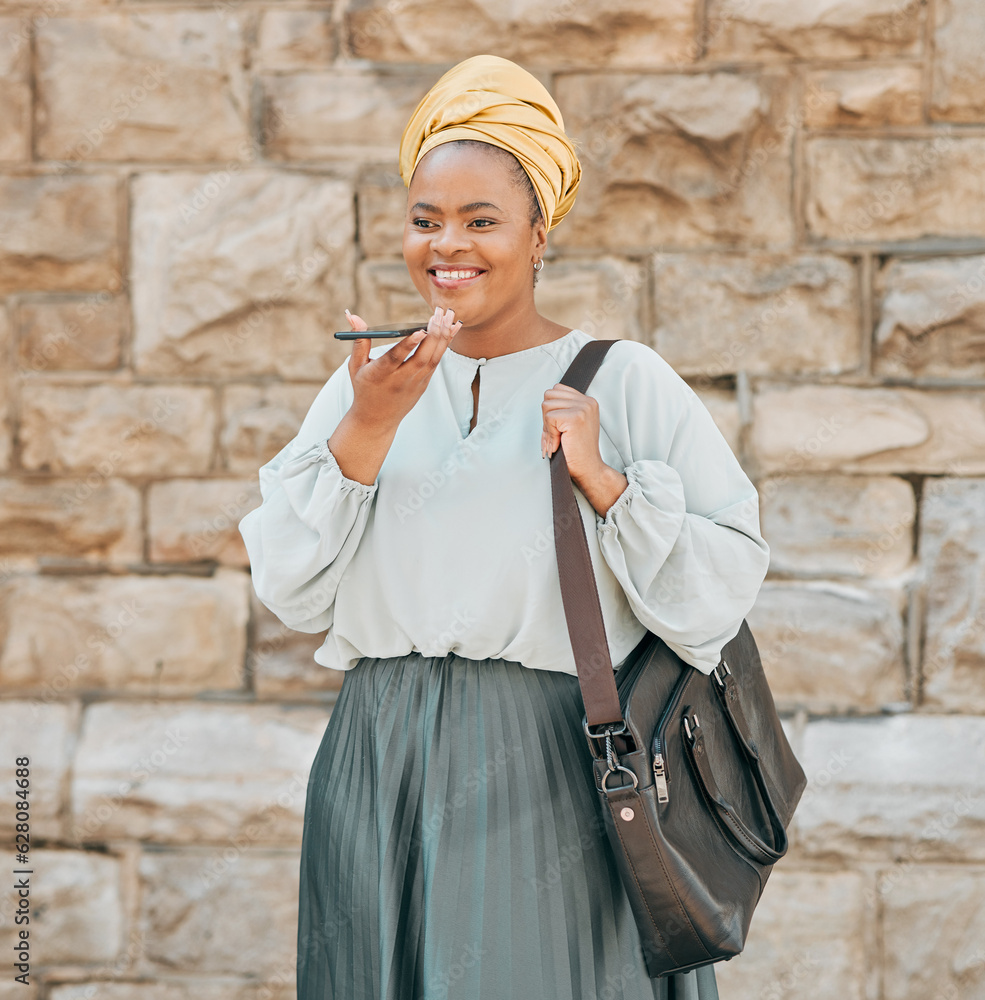 Cellphone, voice recognition and black woman in the city walking in an urban street with a briefcase