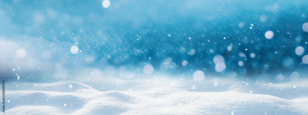 Beautiful ultrawide background image of light snowfall falling over of snowdrifts.