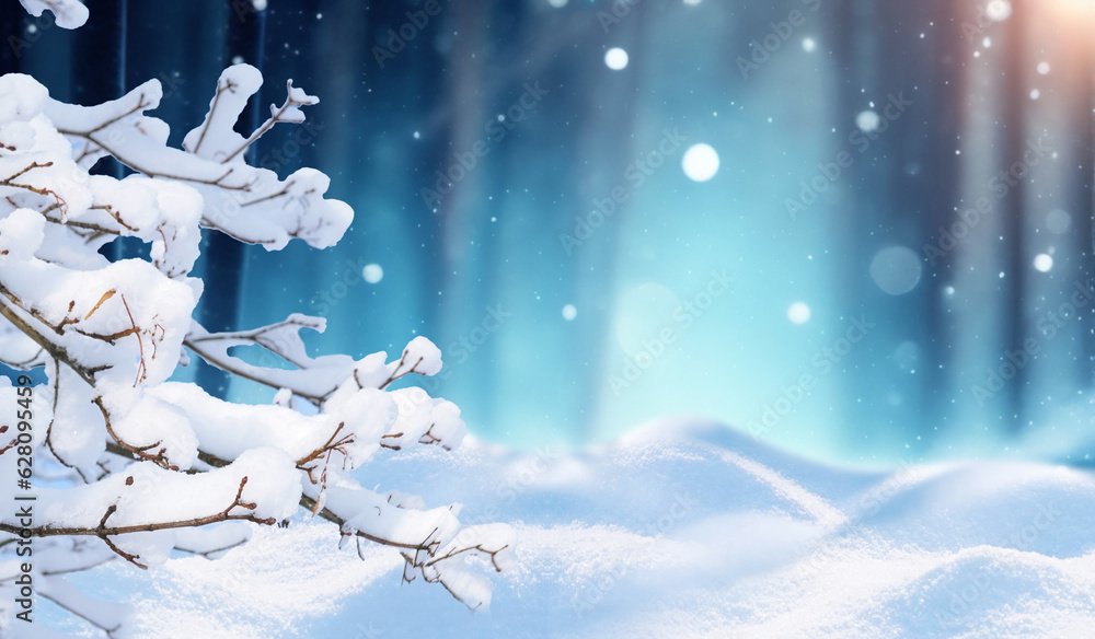 Beautiful winter background with snow-covered branches and snowdrifts against a blurry Christmas for