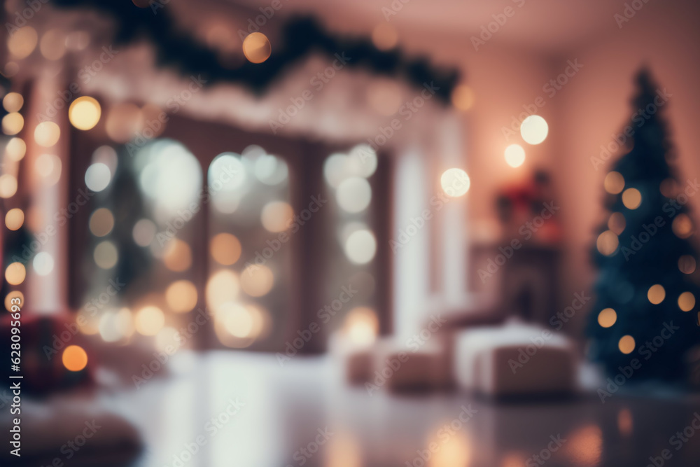 Beautiful blurred interior of a living room decorated for Christmas in warm cozy brown tones. Christ