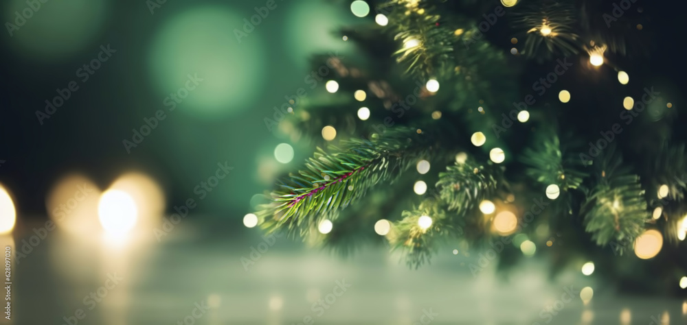 Beautiful Christmas defocused blurred background with Christmas tree lights in the evening.