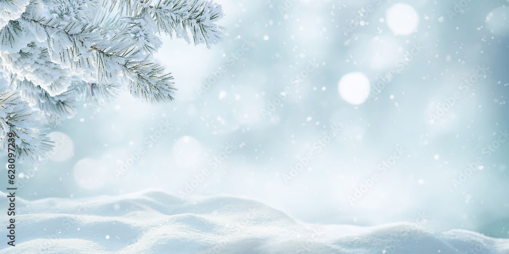 Beautiful winter background image of frosted spruce branches and small drifts of pure snow with boke