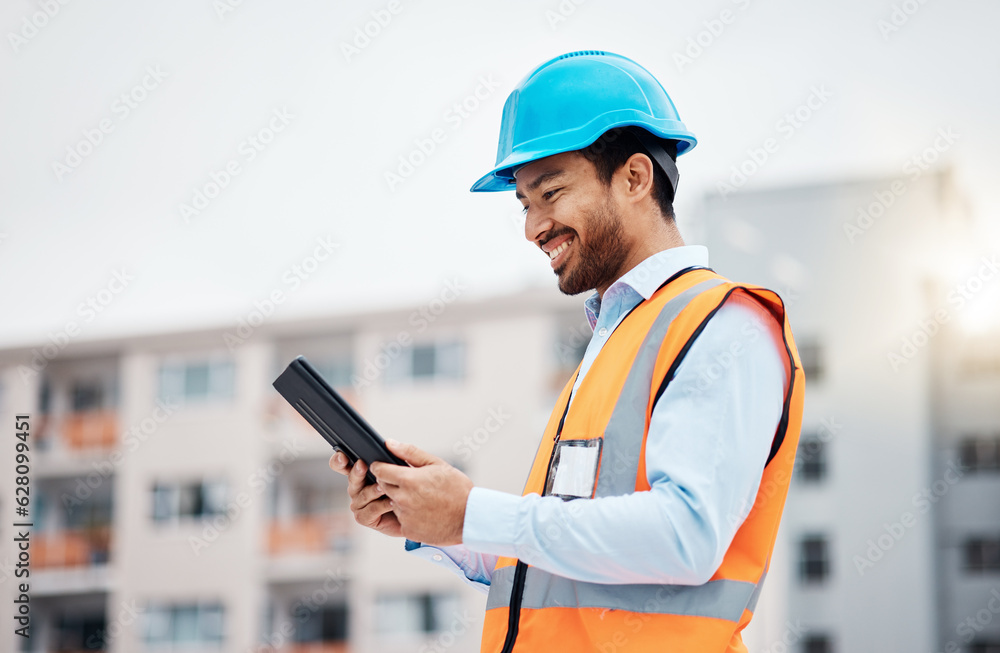 Construction worker, tablet and with research and digital data for building renovation outdoor. Happ