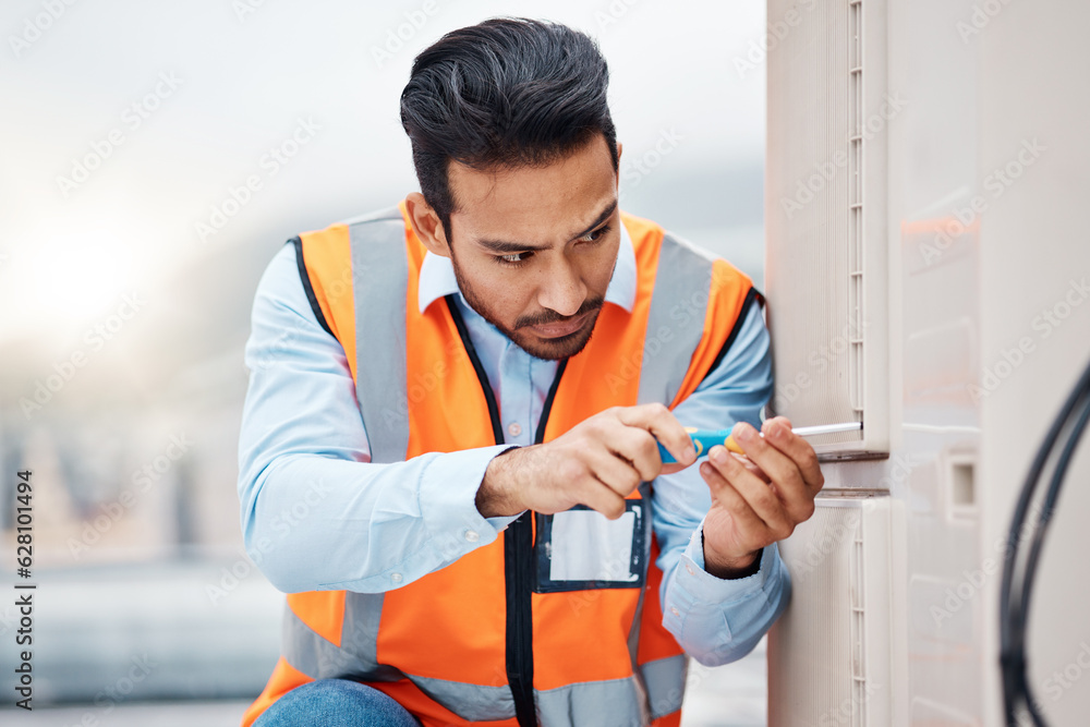 Tools, engineering and man with air conditioner for maintenance, repair and inspection on roof. Sola