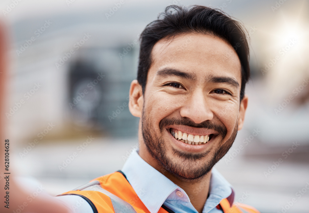 Construction worker, selfie and portrait with smile outdoor of builder and maintenance employee. Hap