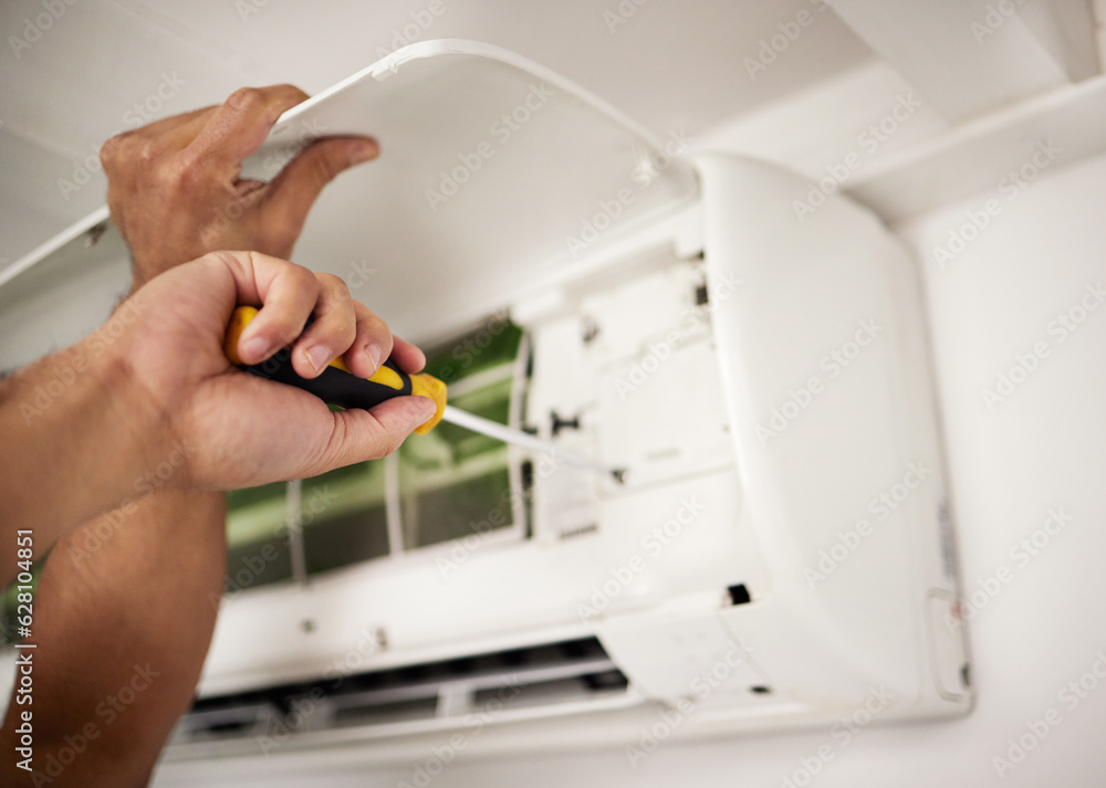 Maintenance, air conditioner and hands of man with screwdriver working on ventilation filter for ac 