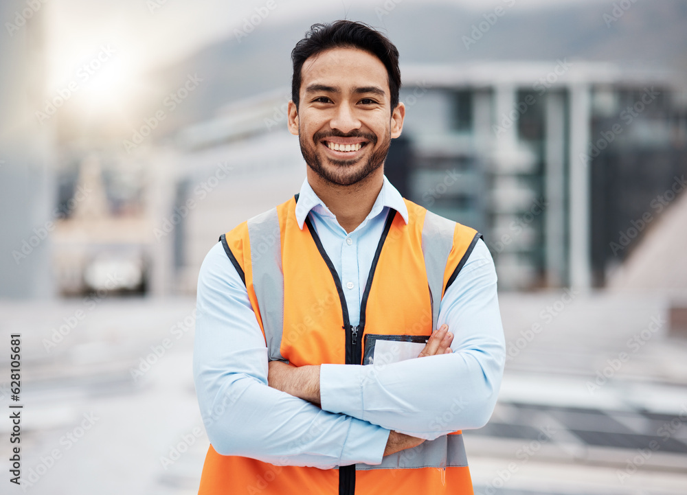 Portrait, construction worker and man smile with arms crossed with solar panel job outdoor. Roof, ec