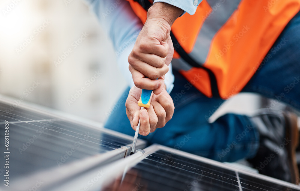 Solar panels, tool and closeup of male engineer doing maintenance or repairs with screwdriver. Renov