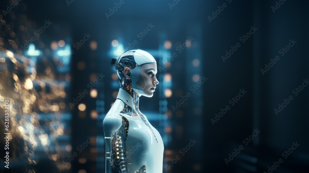 Humanoid female AI futuristic android, cyborg robot, vibrant neon neural network, futuristic technol