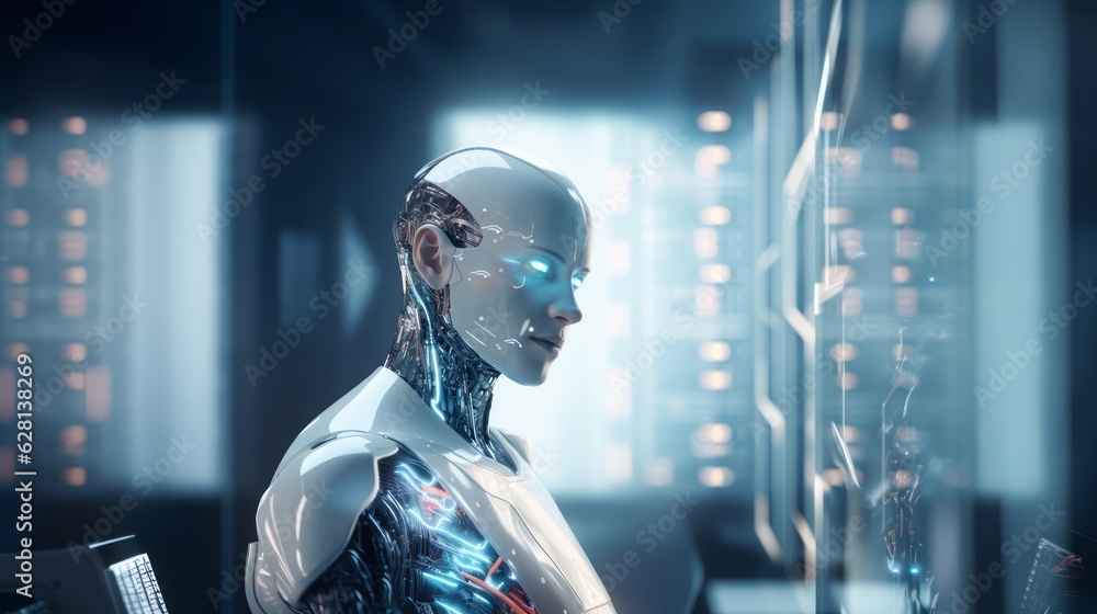 Humanoid female AI futuristic android, cyborg robot, vibrant neon neural network, futuristic technol