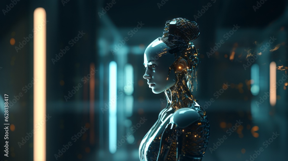 Humanoid female AI futuristic android, cyborg robot, vibrant neon neural network, futuristic technol