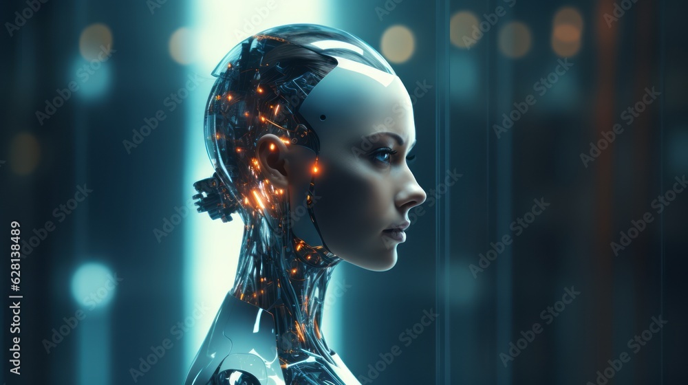 Humanoid female AI futuristic android, cyborg robot, vibrant neon neural network, futuristic technol