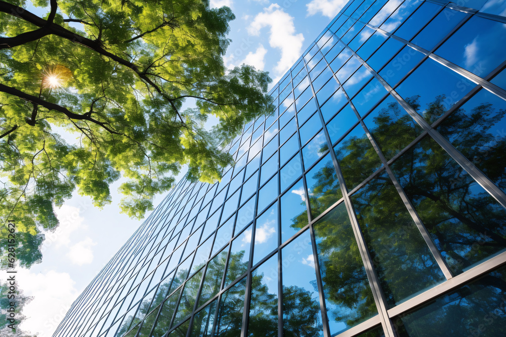 Eco-friendly building in the modern city. Sustainable glass office building with tree for reducing c