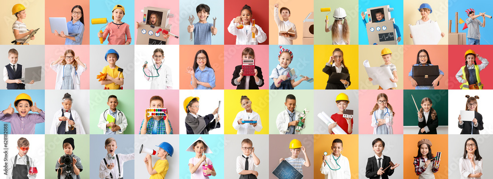 Collage of different children dreaming about their future professions on color background