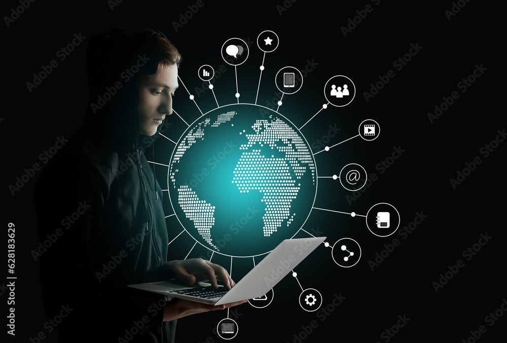 Man with laptop and digital model of planet Earth on dark background. Concept of internet