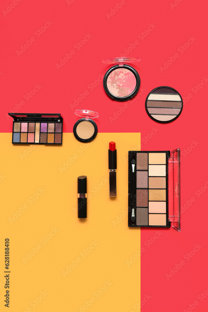 Decorative cosmetics on color background