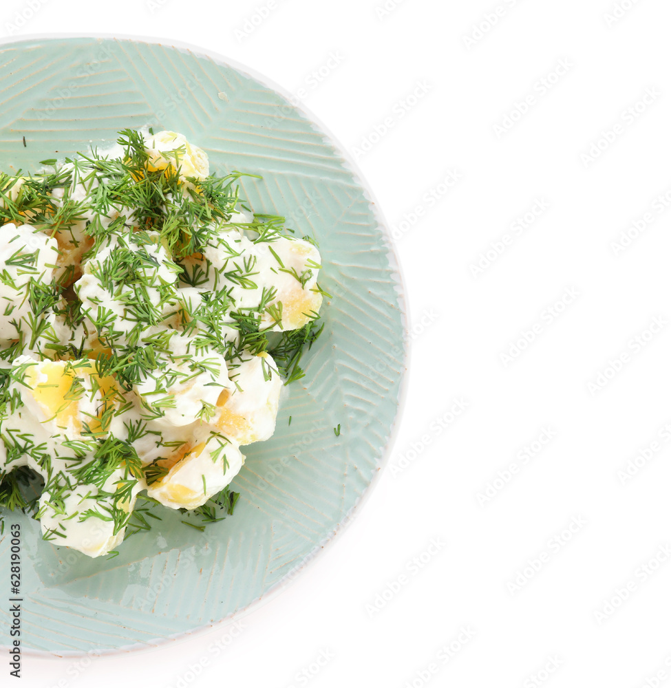 Plate of tasty Potato Salad with greens on white background, closeup