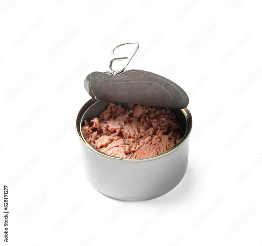 Opened tin can with tuna fish isolated on white background