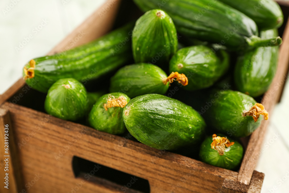 Box with fresh cucumbers on light wooden background, closeup