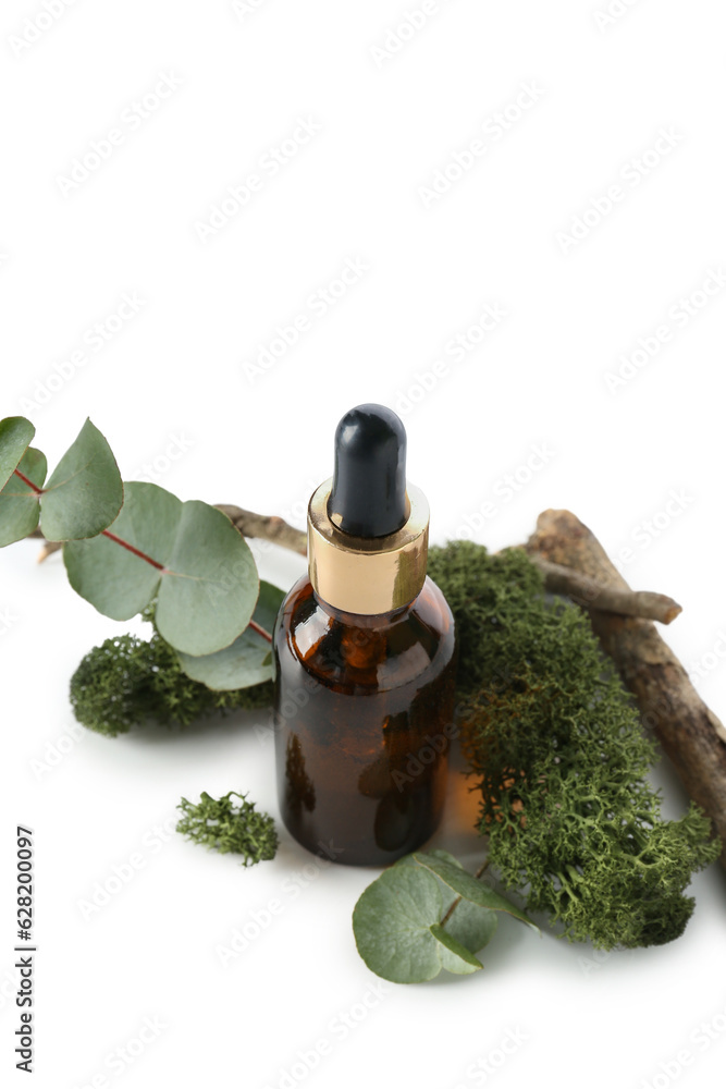 Bottle of cosmetic oil with moss, eucalyptus and branch on white background