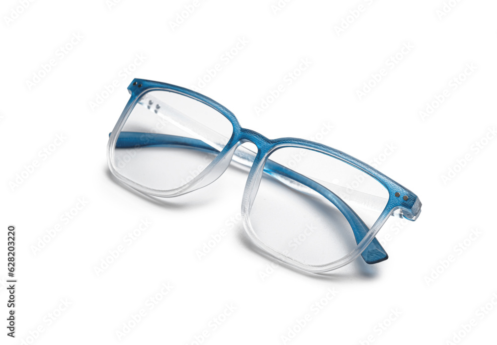 New blue eyeglasses on white background