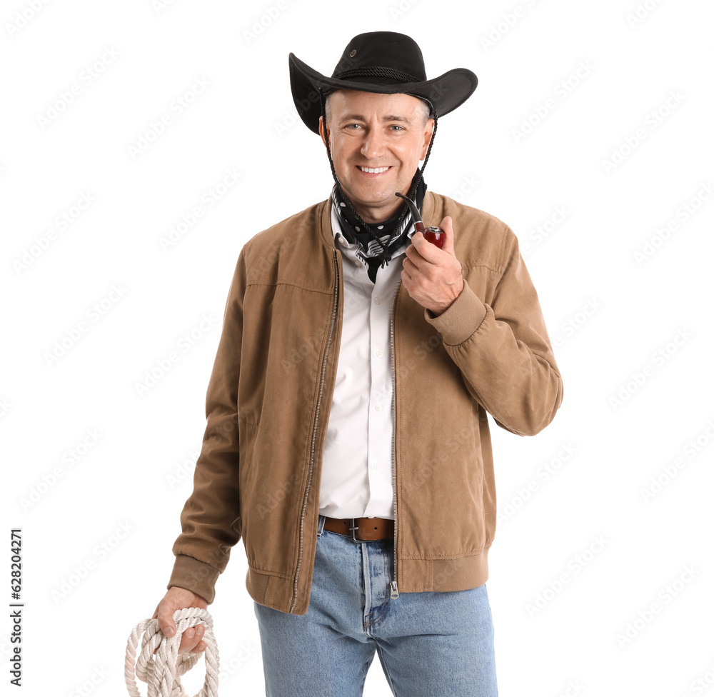 Mature cowboy with lasso on white background