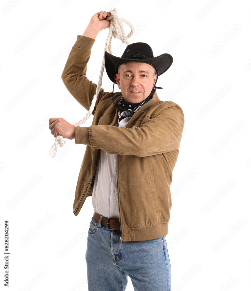 Mature cowboy with lasso on white background