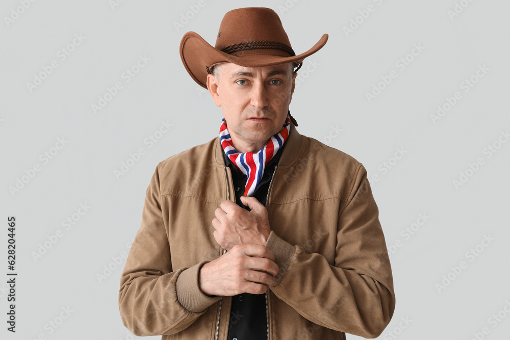 Mature cowboy on light background