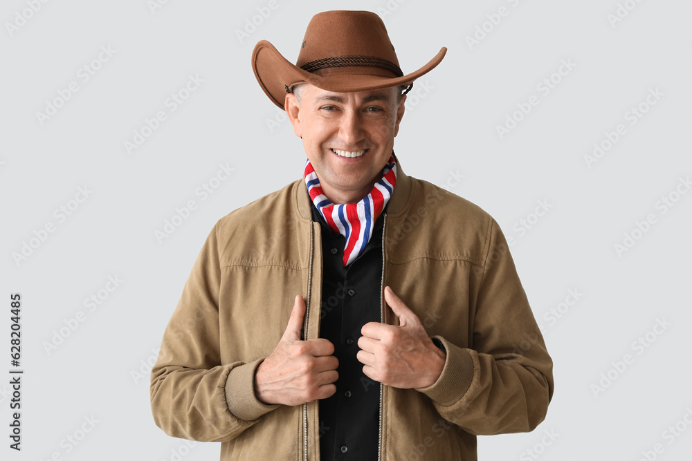 Mature cowboy on light background