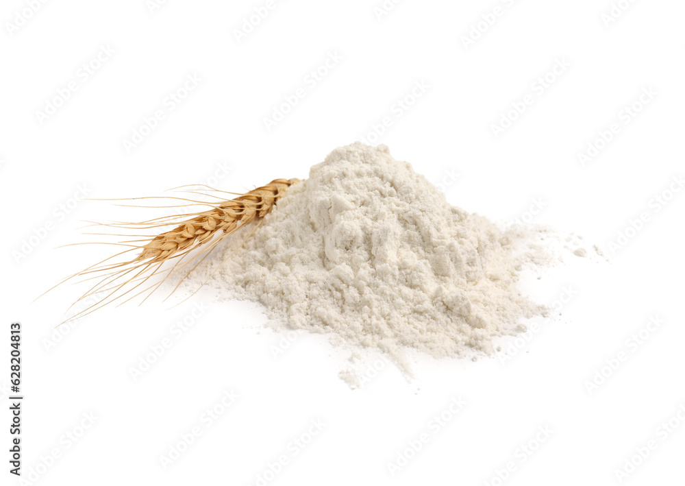 Pile of flour with wheat ear on white background