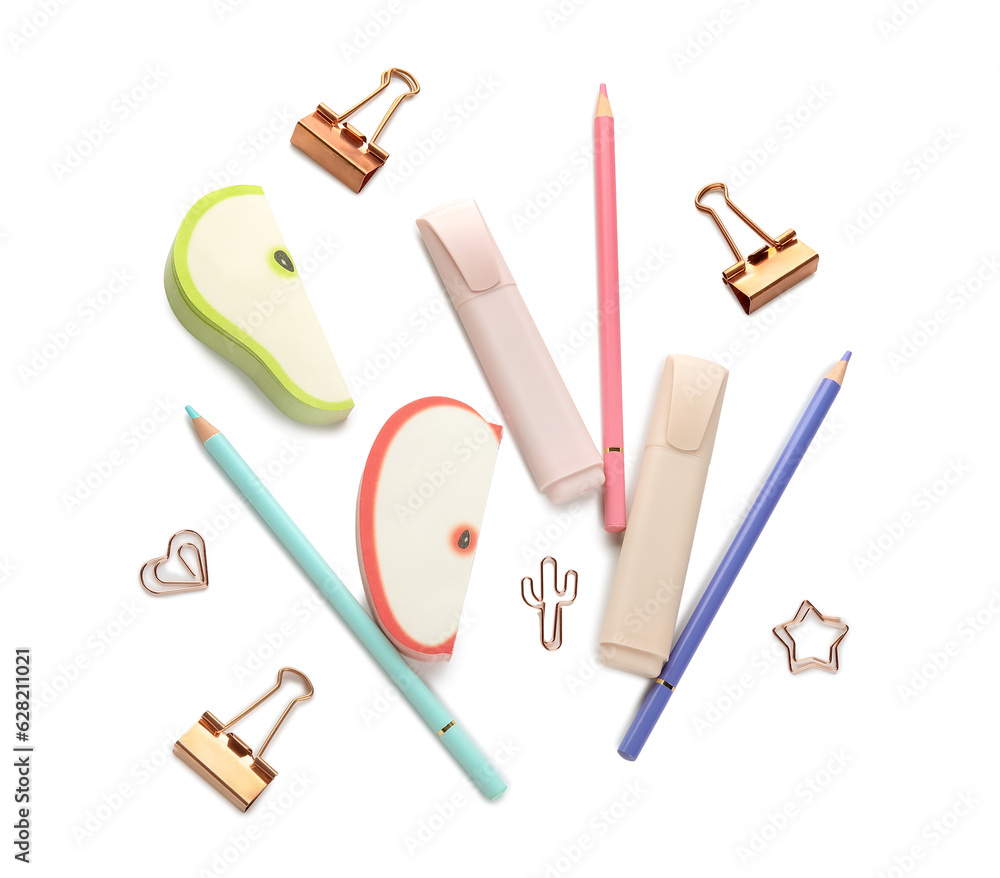 Different school stationery on white background