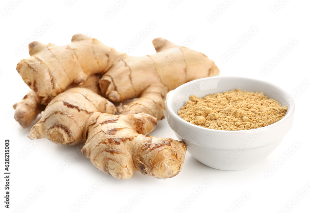 Fresh ginger roots and bowl with dried powder on white background