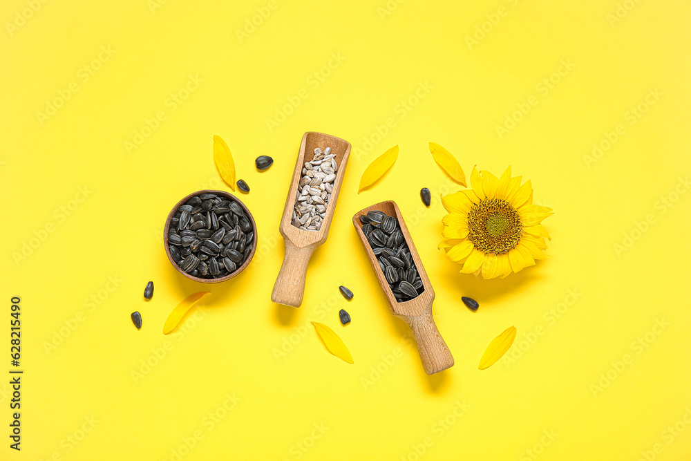 Beautiful sunflower and wooden scoops with seeds on yellow background