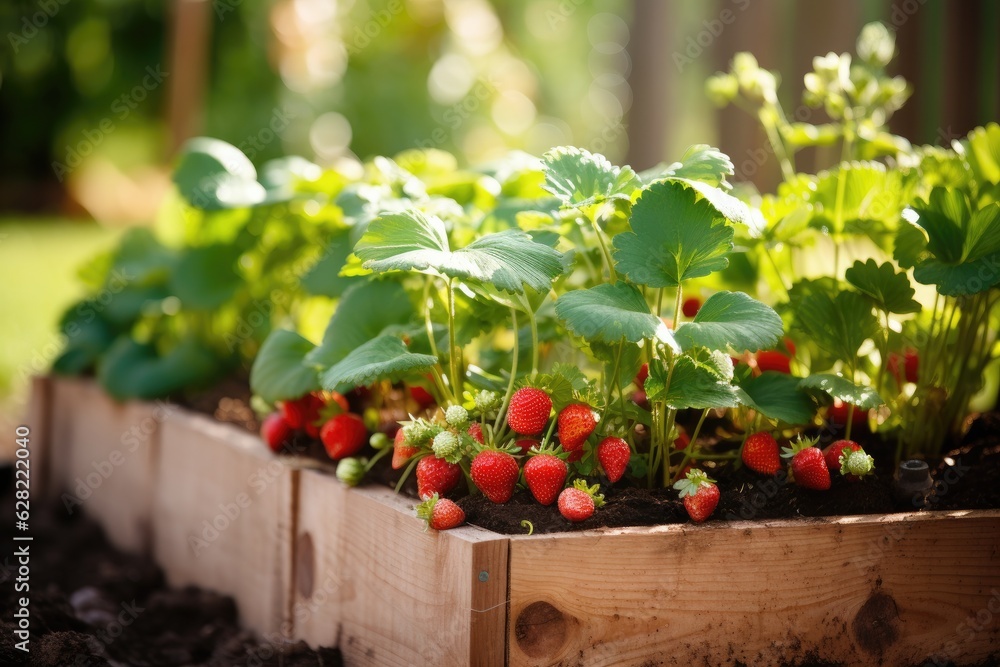 Red strawberries agriculture harvesting. Generative AI