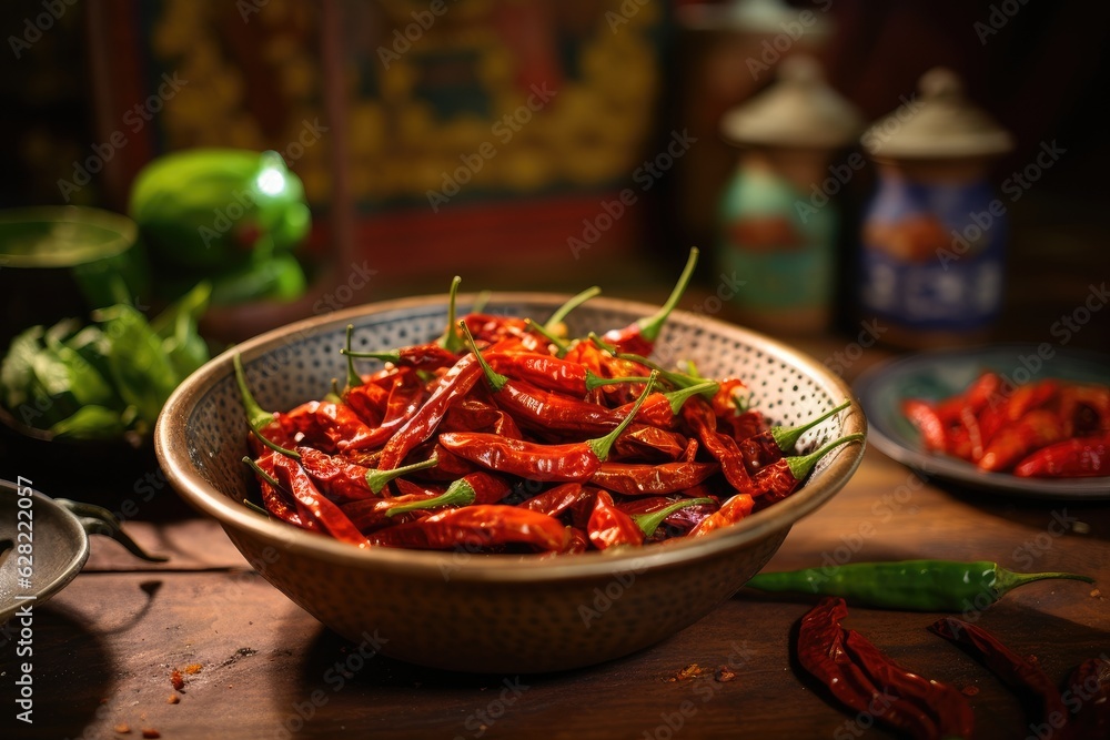 Red chili peppers in a bowl on the table. Generative AI