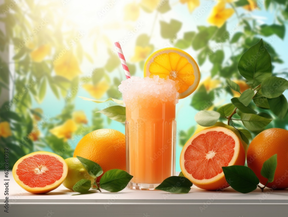 Citrus smoothie drink on tropical background