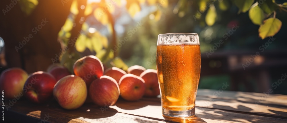 Apple cider on table with apples