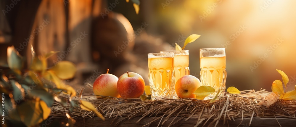 A glass of cider on wooden table with spices