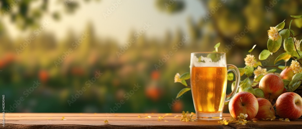 Apple cider on table with apples